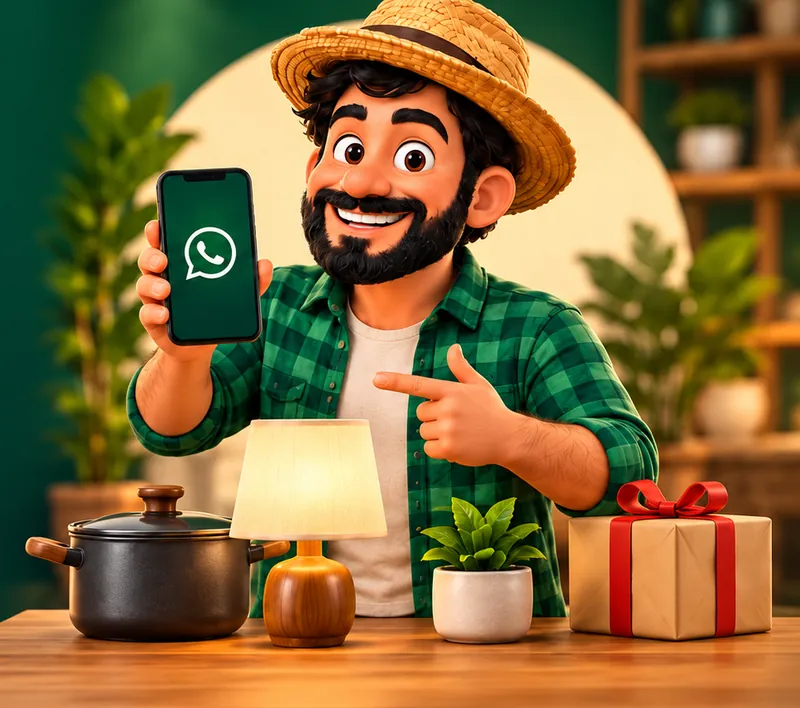 Mineirinho, mascote do Clube do Achadin, mostrando o WhatsApp no celular ao lado de achados para casa e presente.